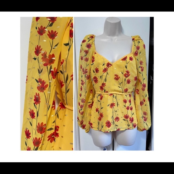 Mustard Yellow Floral Print Peplum Top - Picture 5 of 5